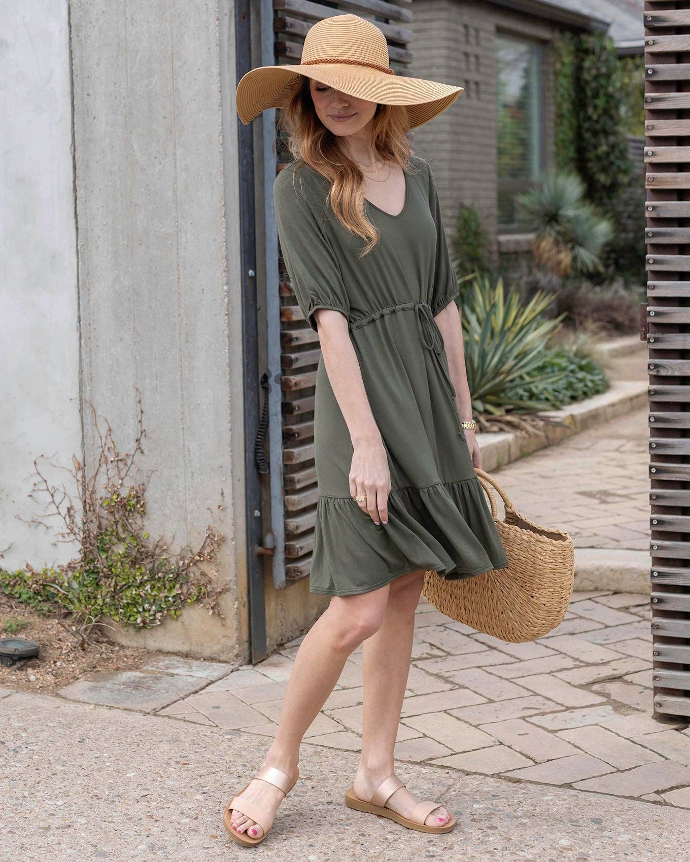 Modal Waist Tie Dress in Olive