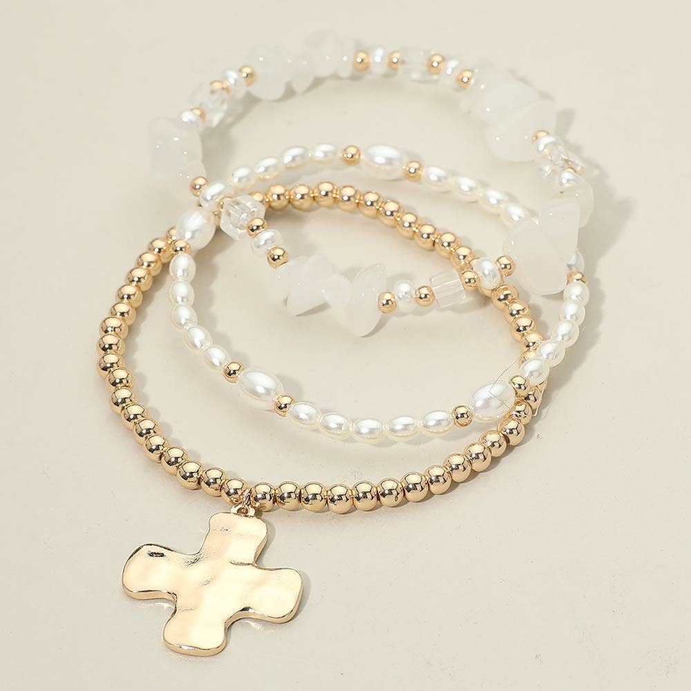 Hammered Metal Cross Charm Pearl Beaded Stretch Multi Layered Bracelets-3 PCS