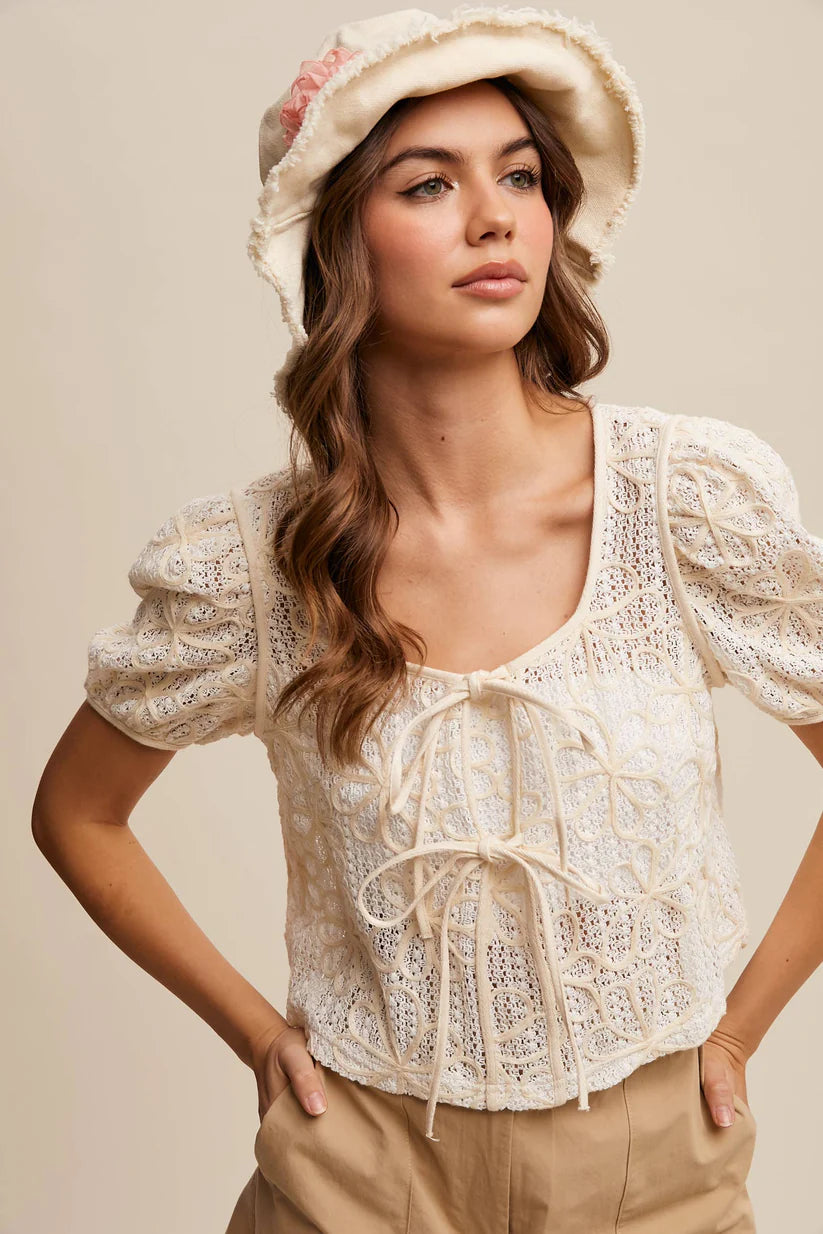 Embroidery Crochet Lace Puff Sleeve Blouse