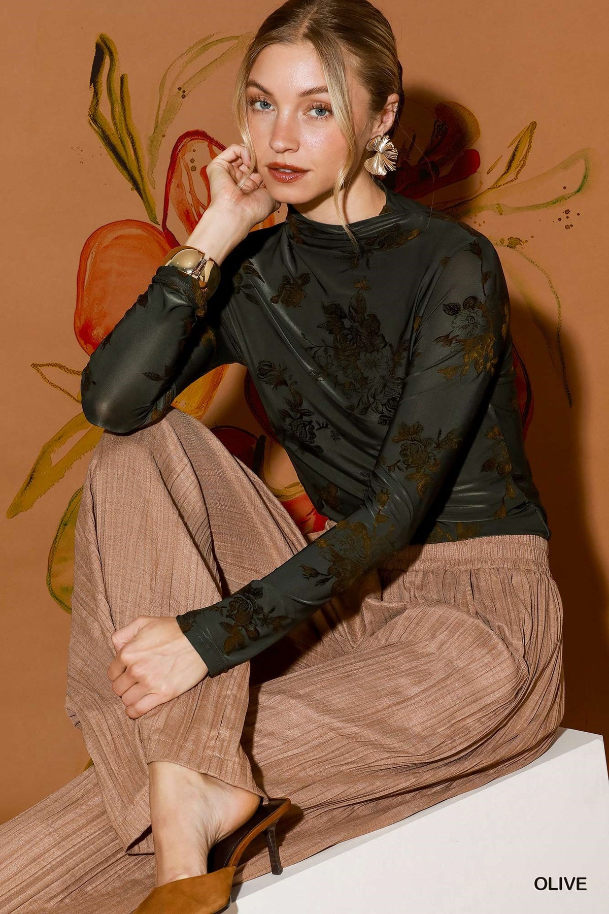 Floral Mock Neck Long Sleeve Top