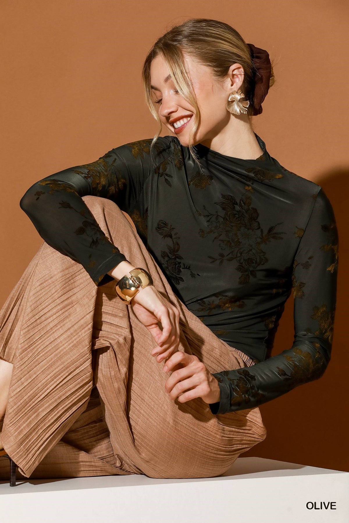 Floral Mock Neck Long Sleeve Top