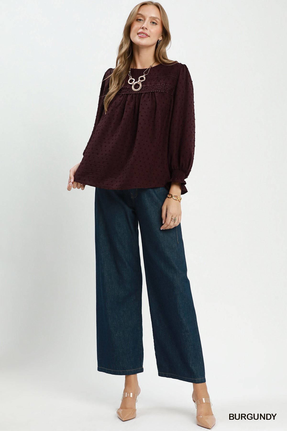Swiss Dot Lace Yoke Peasant Blouse