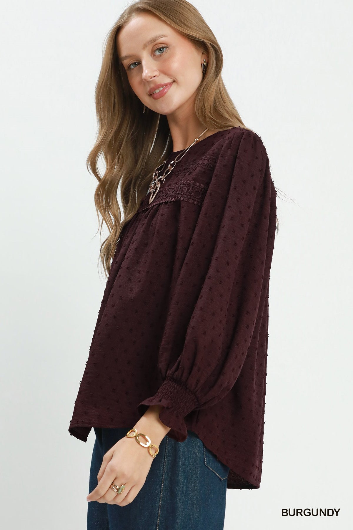 Swiss Dot Lace Yoke Peasant Blouse