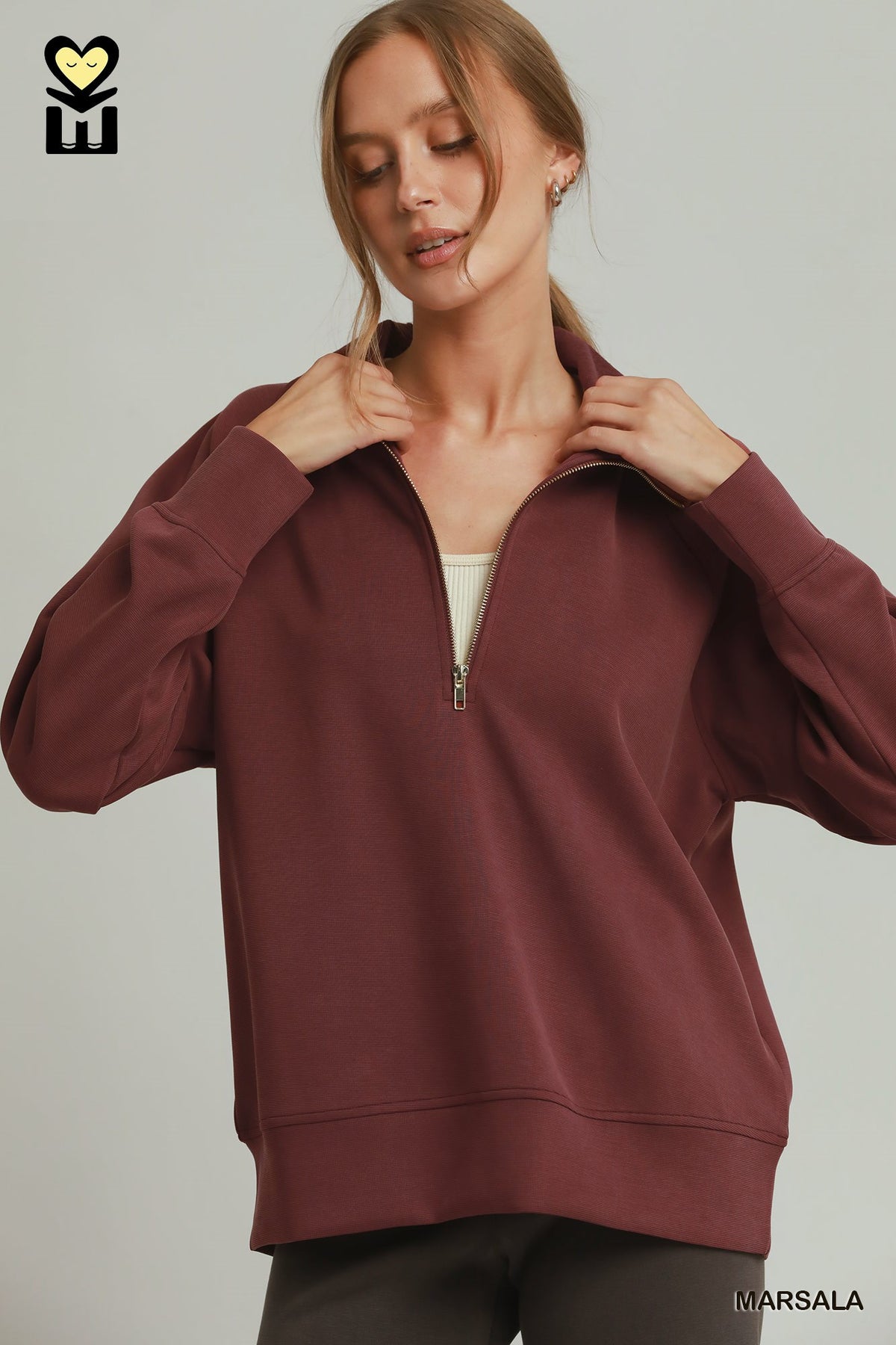 Long Sleeve Half Zip Pullover with Ruffle Bottom with Drawstring Waistband