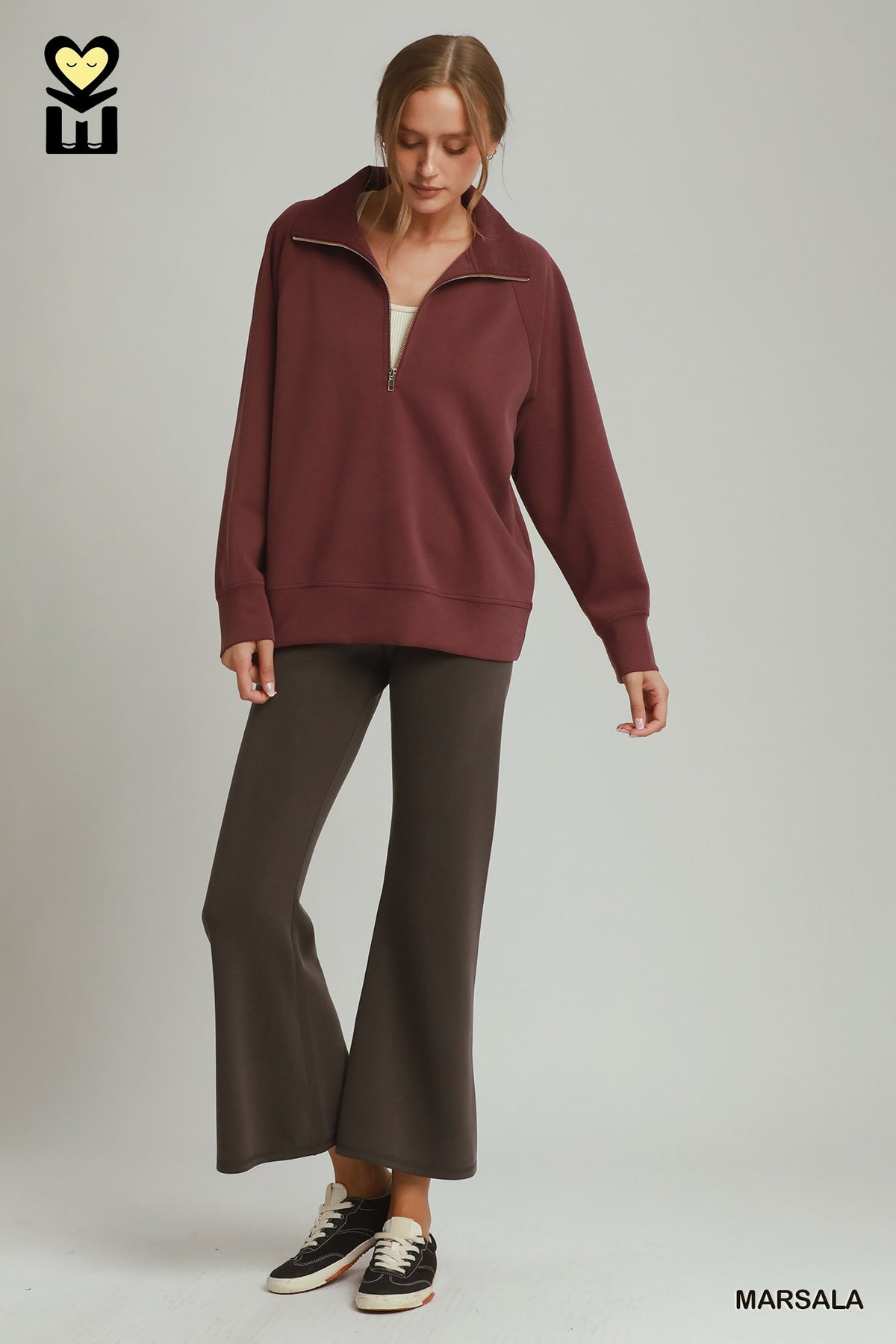 Long Sleeve Half Zip Pullover with Ruffle Bottom with Drawstring Waistband
