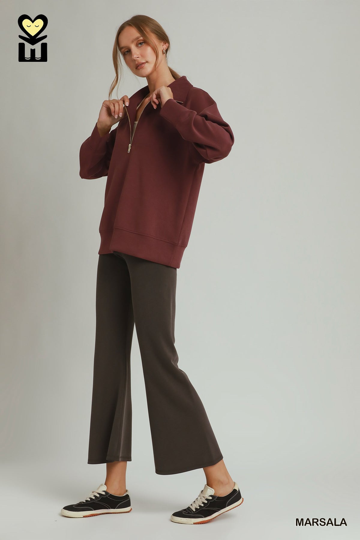 Long Sleeve Half Zip Pullover with Ruffle Bottom with Drawstring Waistband