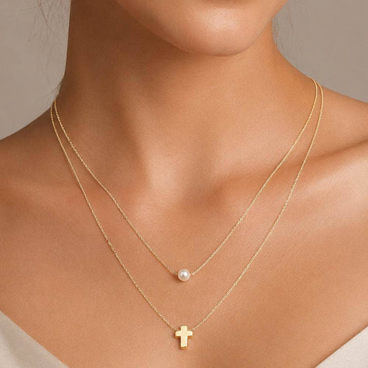 Mini Cross Pearl Pendant Accent Layered Necklace