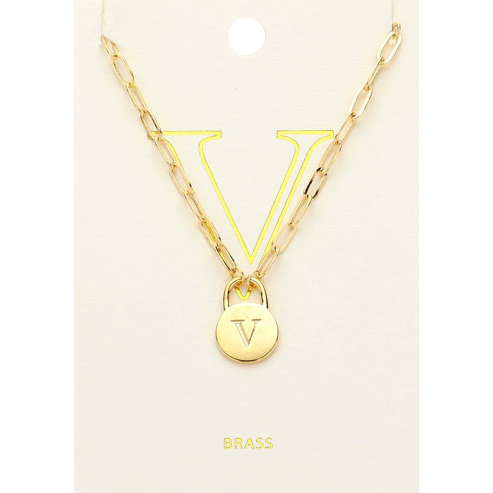 Brass Metal Initial Monogram Lock Pendant Necklace