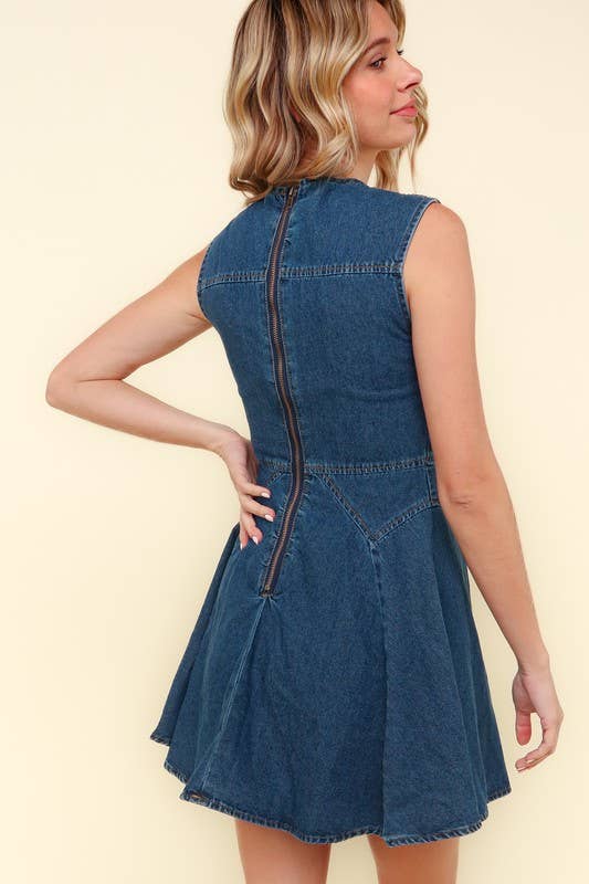 SLEEVELESS BUTTONED FIT AND FLARE DENIM MINI DRESS