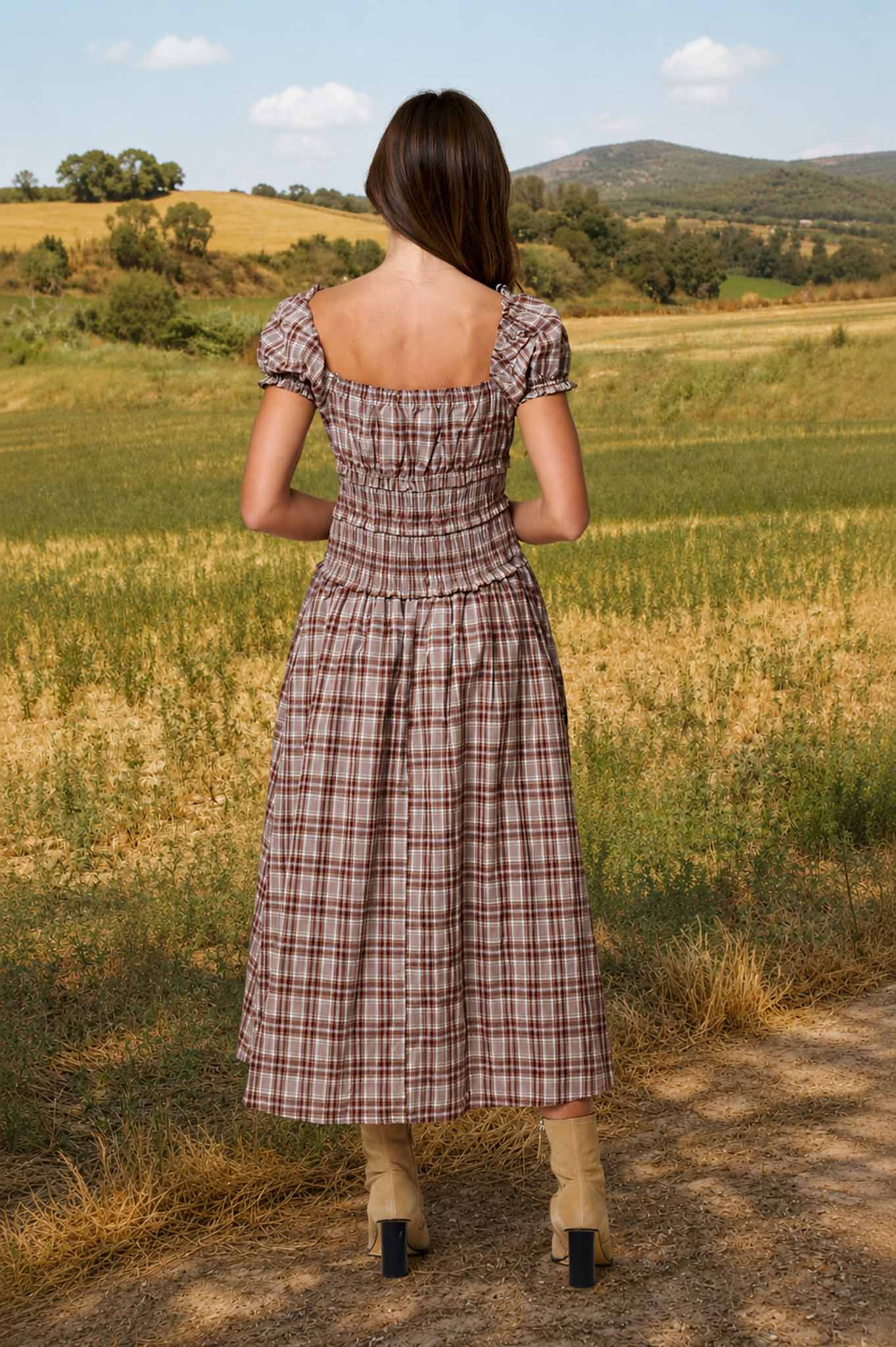 PLAID PUFF SLEEVE RUFFLED SMOCKED WAIST MIDI DRESS