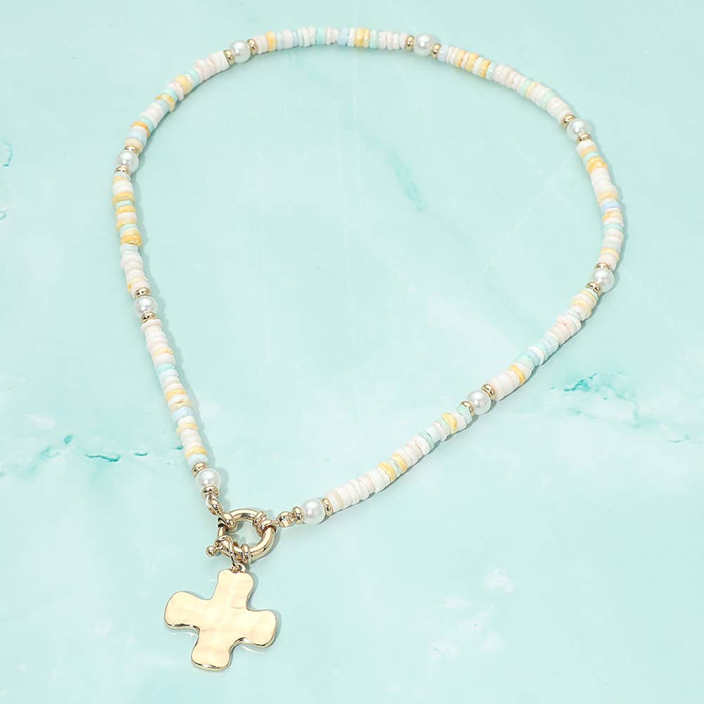 Hammered Metal Cross Charm Pendant Accent Pearl Flat Beaded Necklace