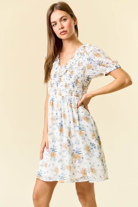 Floral Smocked Bodice Ruffle V-Neck Dress