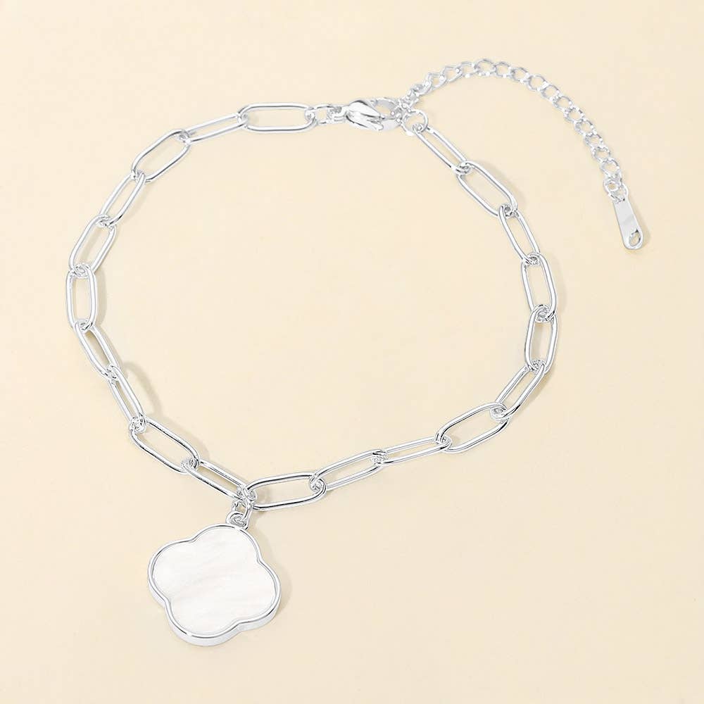 Stainless Steel Mother of Pearl Quatrefoil Charm Paperclip Chain Anklet