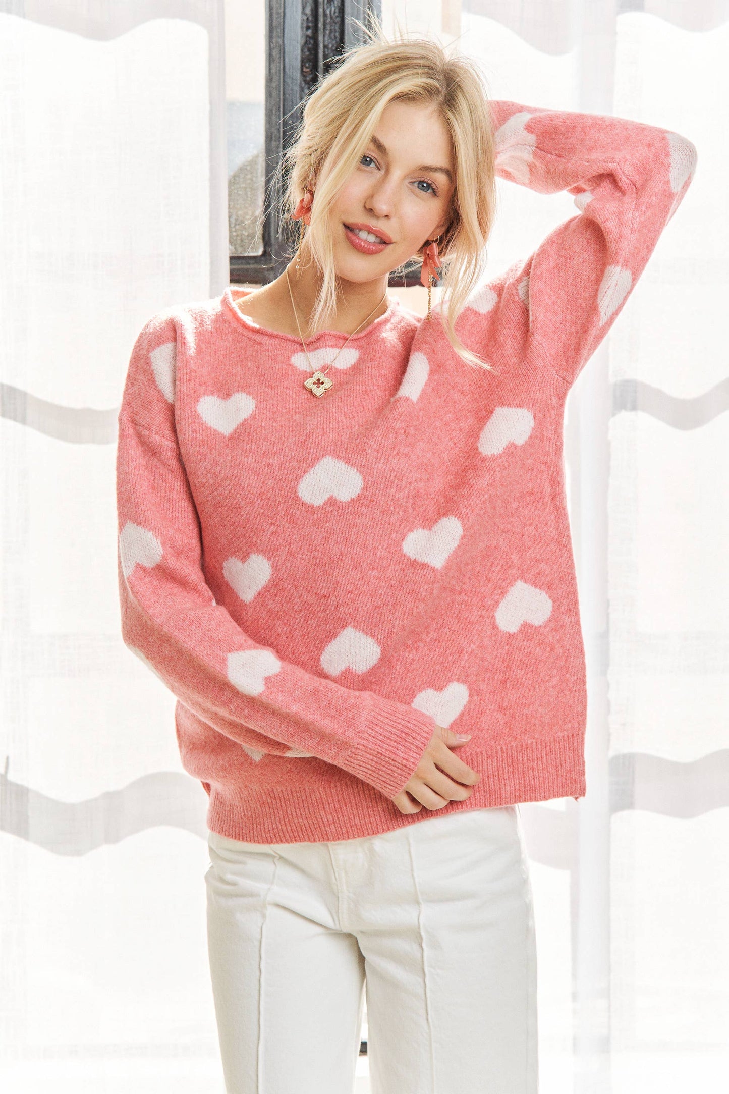 LONG SLEEVE HEART PRINT KNIT SWEATER TOP