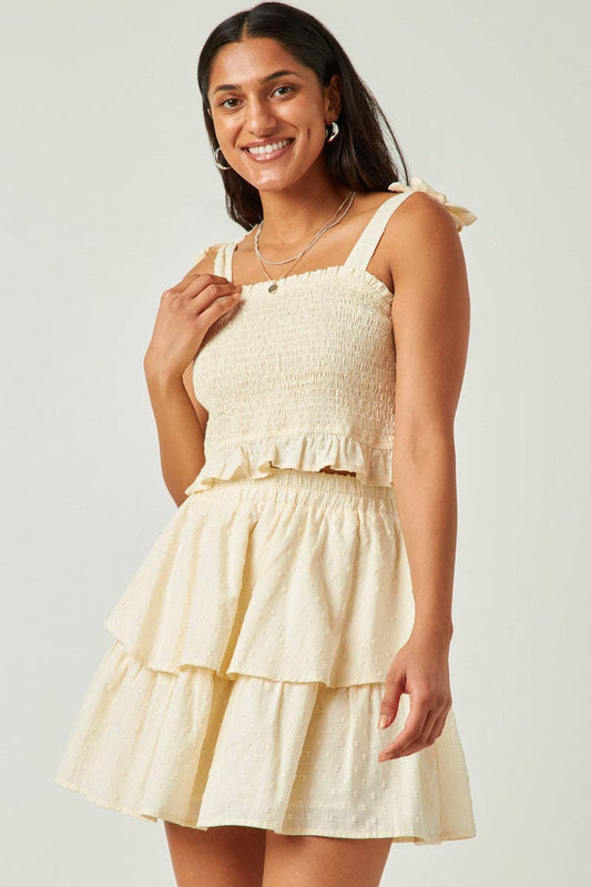 Womens Swiss Dot Ruffled Bow Tie Smocked Crop Tank