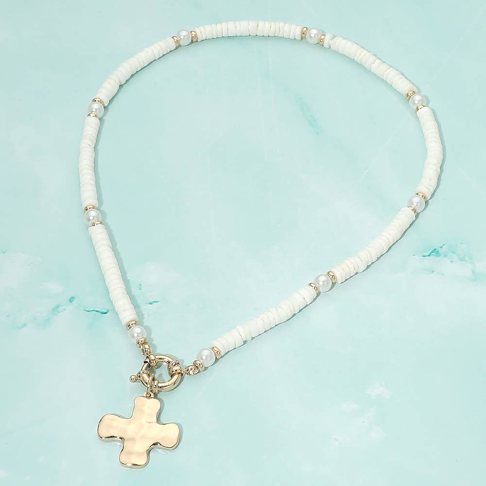 Hammered Metal Cross Charm Pendant Accent Pearl Flat Beaded Necklace