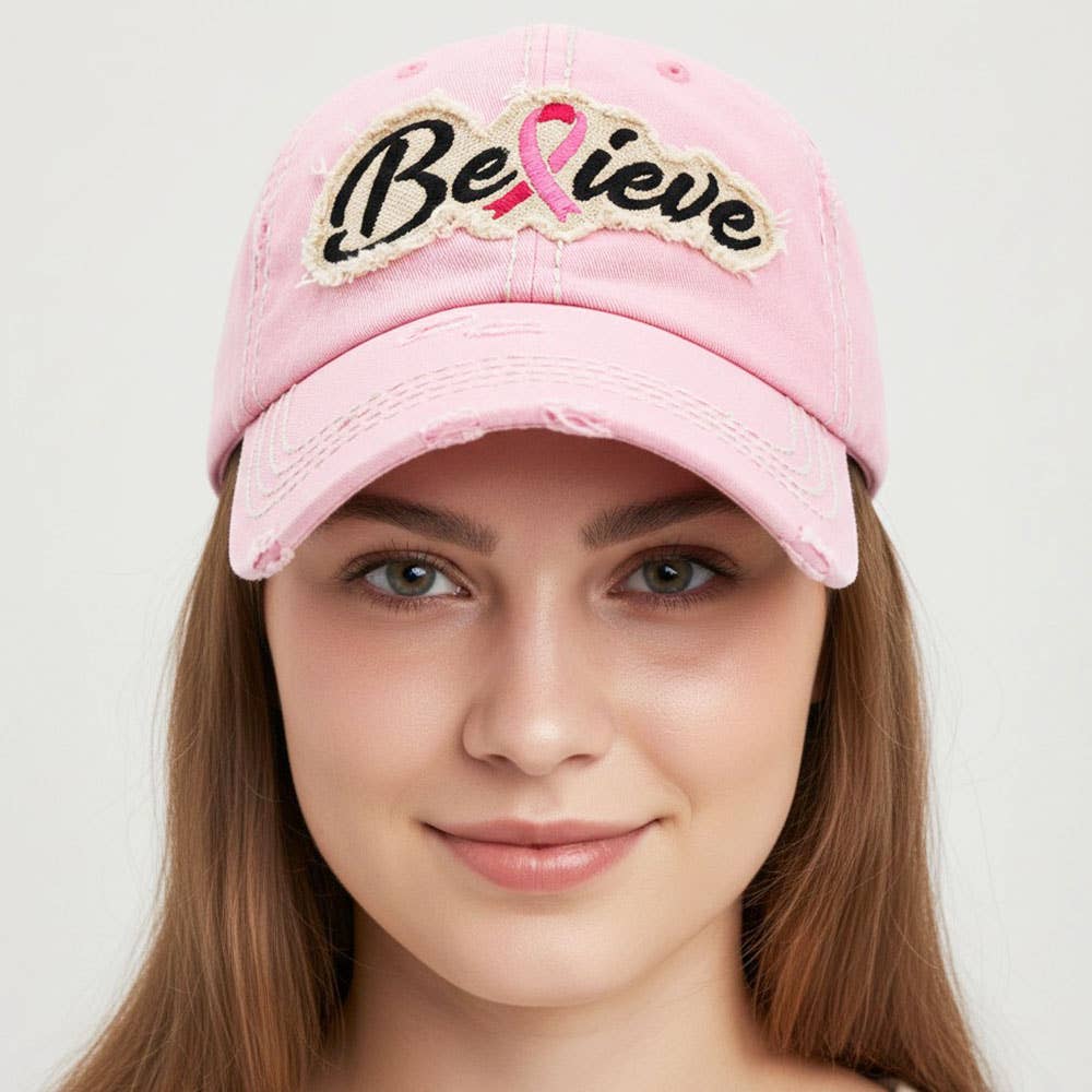 Believe Message Pink Ribbon Accented Vintage Baseball Cap