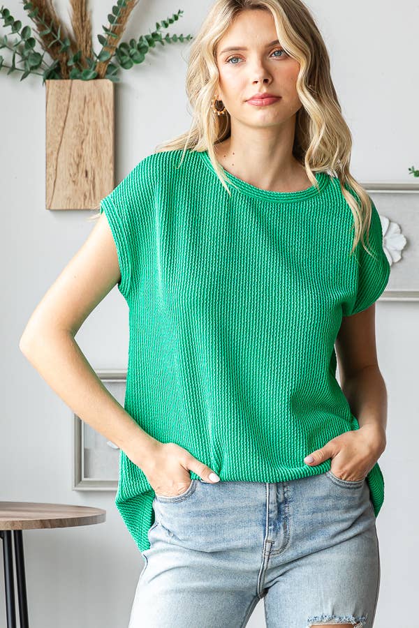 Women's Ribbed Knit Top with Round Neck T5598