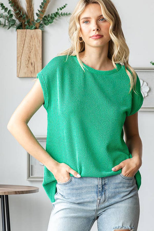 Women's Ribbed Knit Top with Round Neck T5598