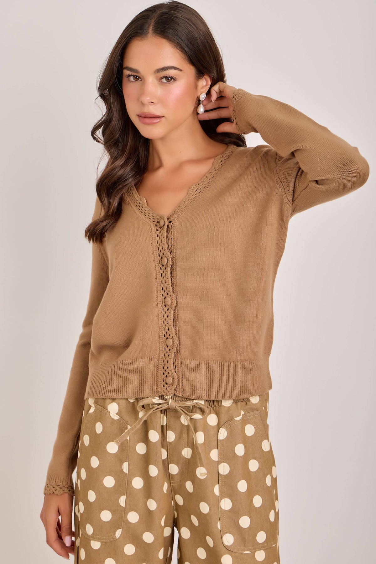 LACE TRIMMED BUTTON FRONT CARDIGAN