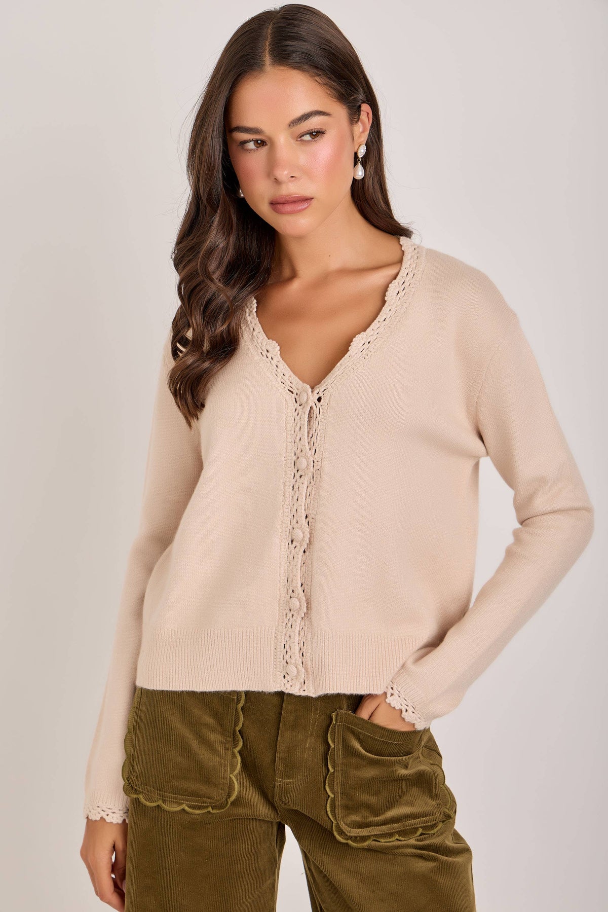 LACE TRIMMED BUTTON FRONT CARDIGAN