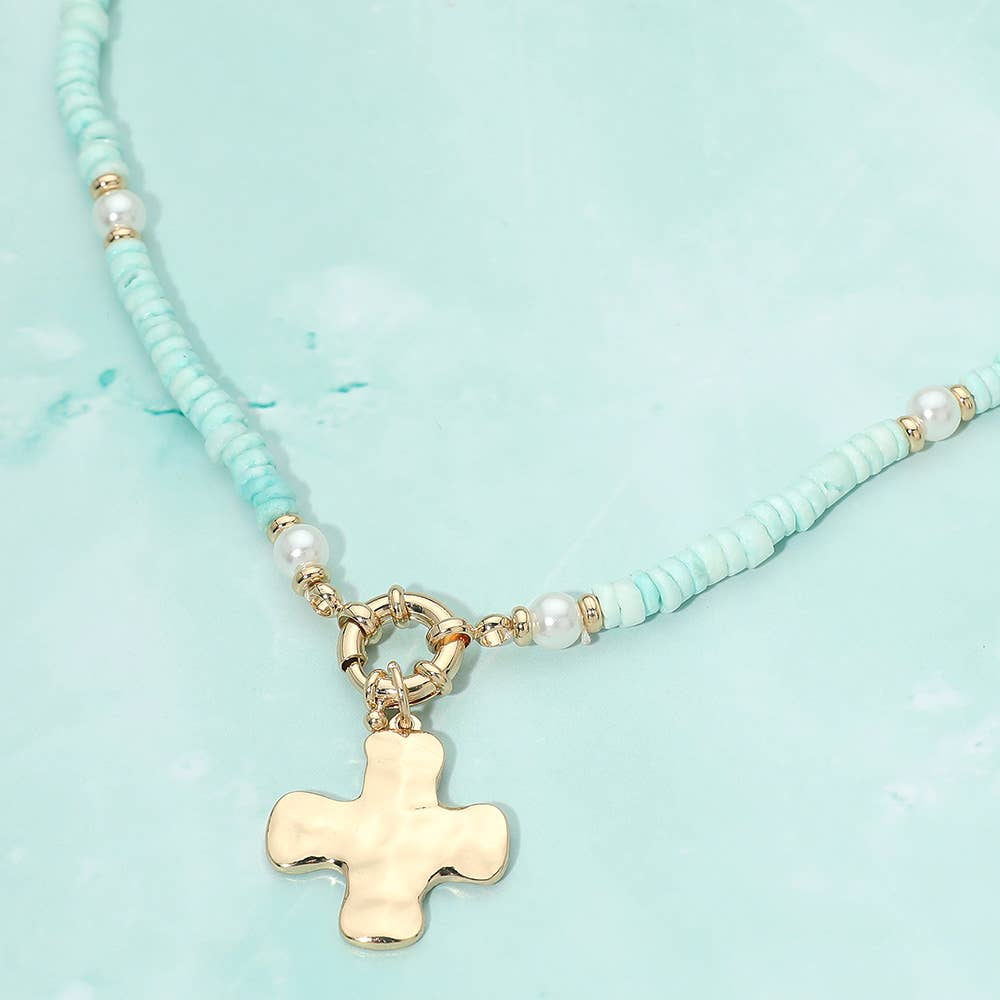 Hammered Metal Cross Charm Pendant Accent Pearl Flat Beaded Necklace