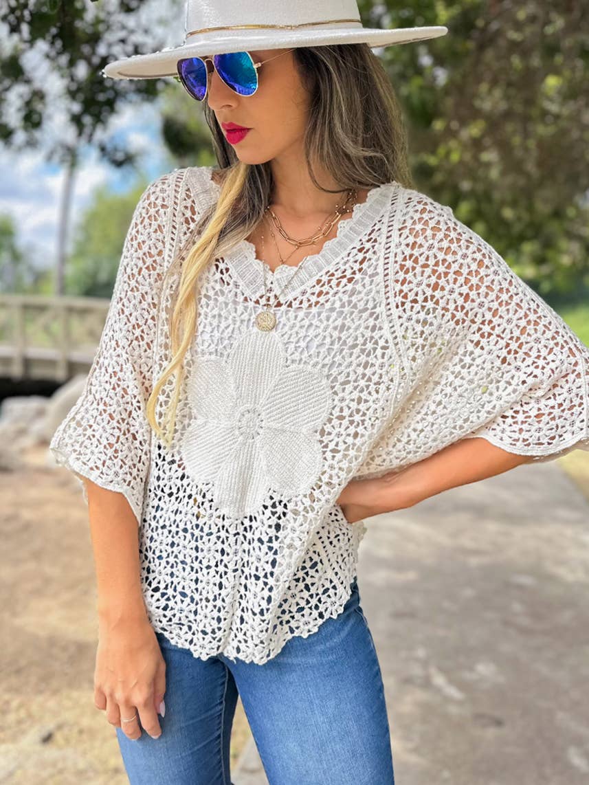 Boho Crochet Dolman Sleeve Top with Bold Flower Detail