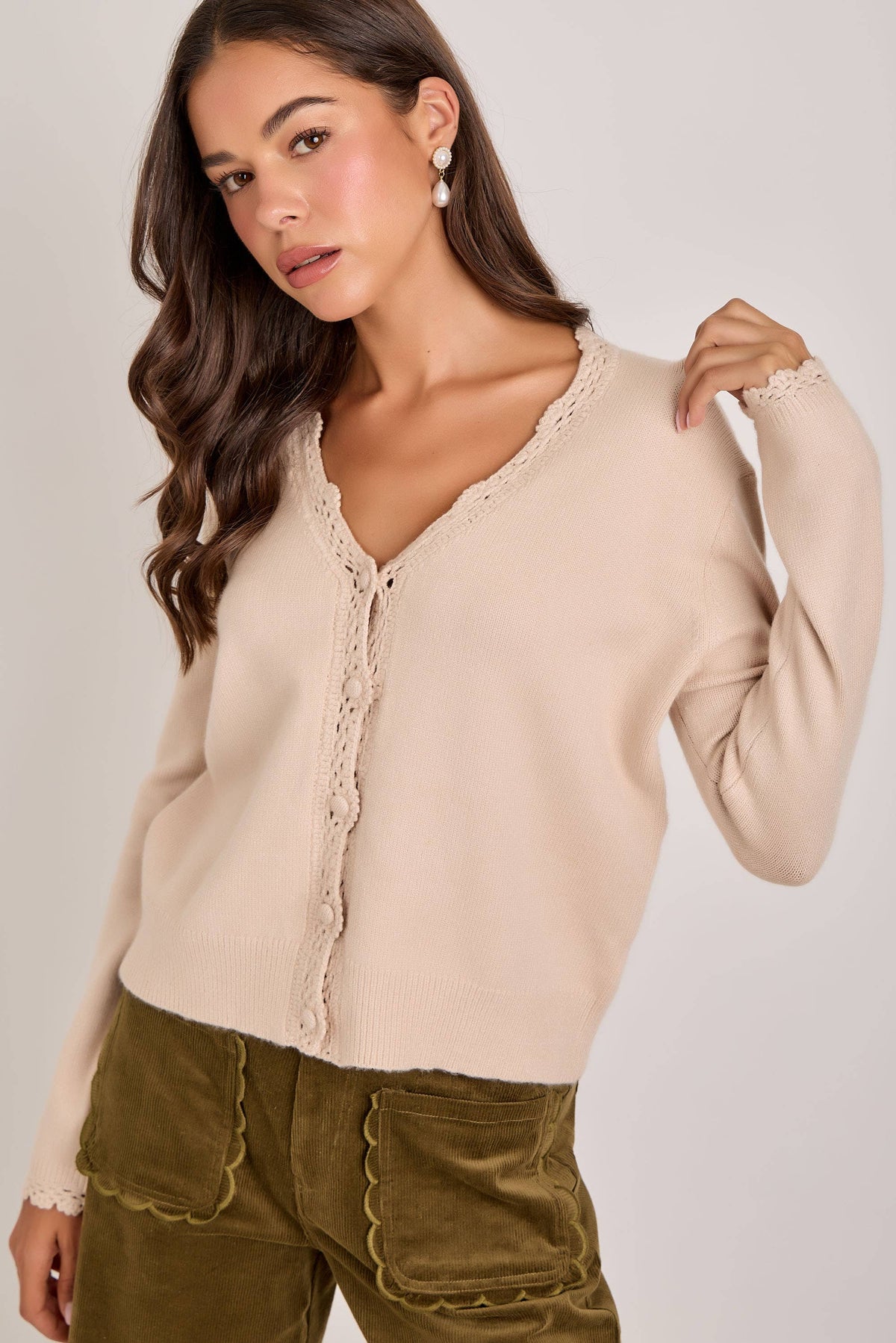 LACE TRIMMED BUTTON FRONT CARDIGAN