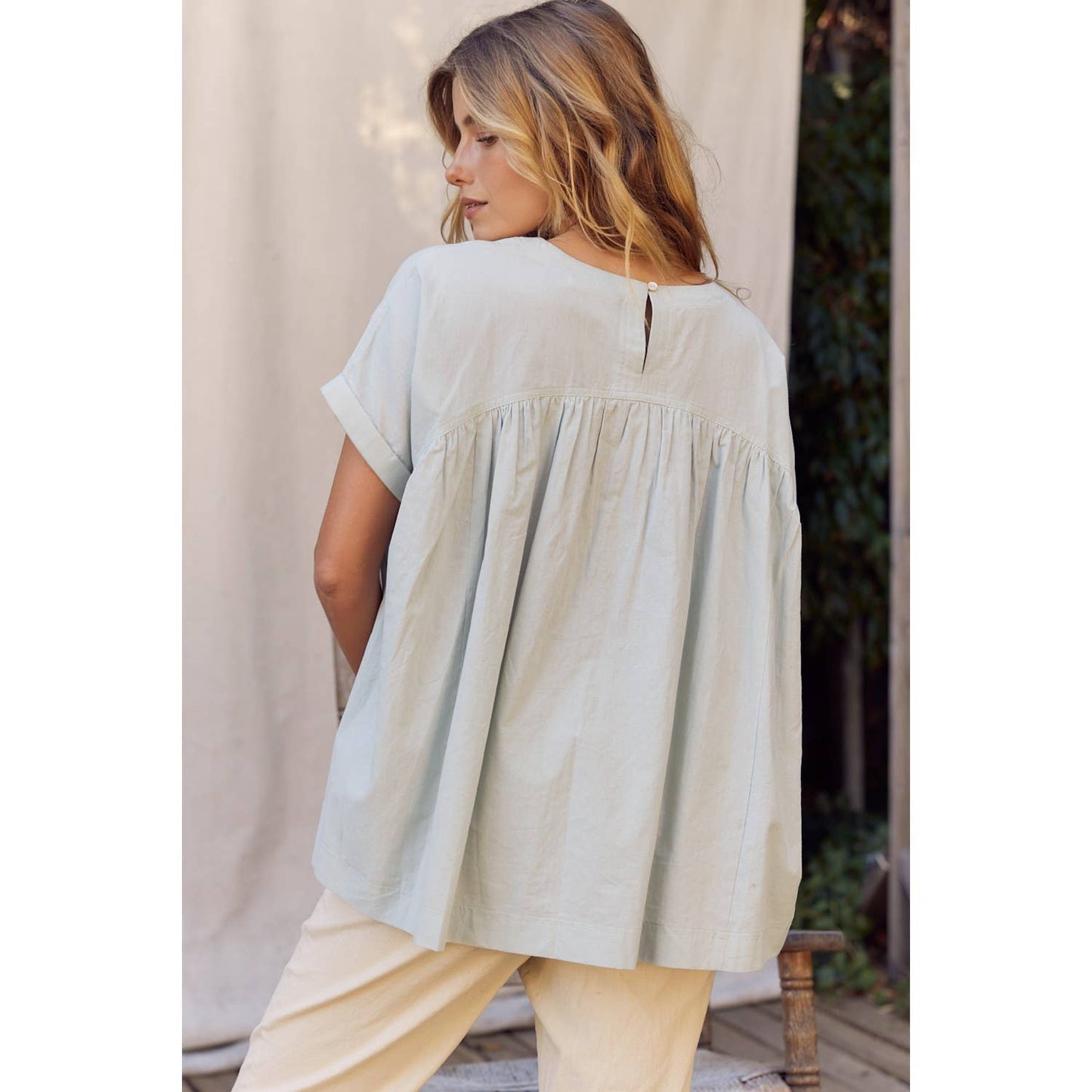 OVERSIZED COTTON POPLIN TUNIC TOP WITH RUFFLED HEM