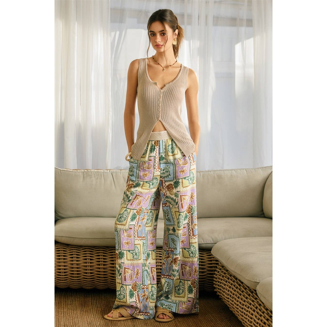 Tropical Conversational Decorative Waist Wide Leg Pants