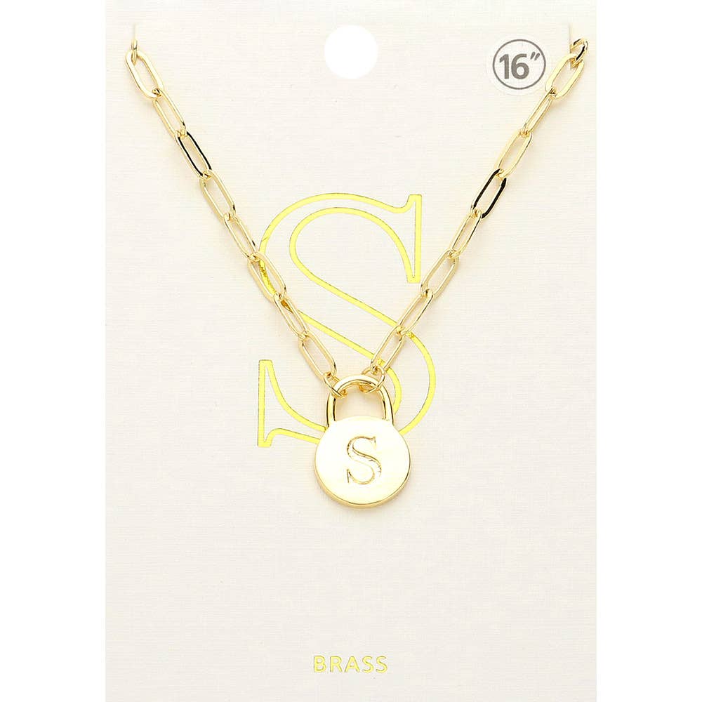 Brass Metal Initial Monogram Lock Pendant Necklace