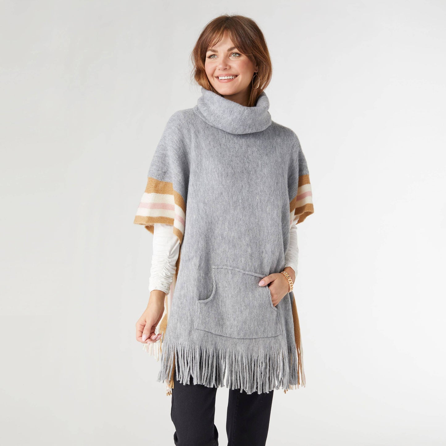 Myrna Turtleneck Poncho with Border Stripes