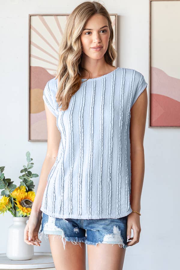 [PLUS SIZE] Stripe Textured Cap Sleeves Blouse T5948XL