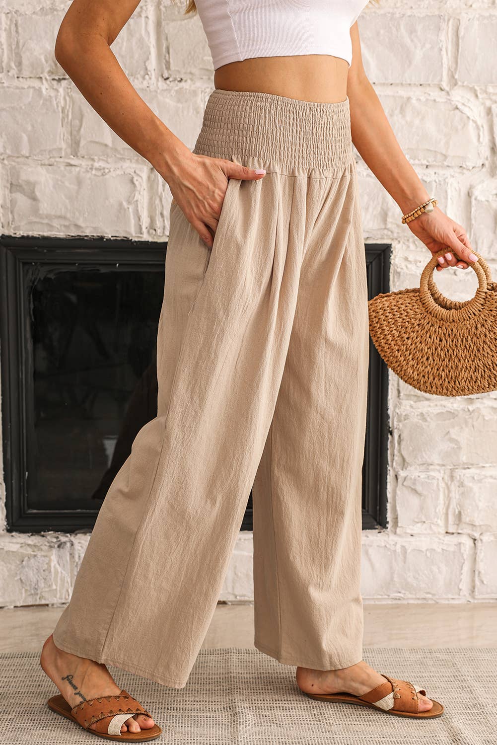 Smocked Wide Waistband High Waist Wide Leg Pants