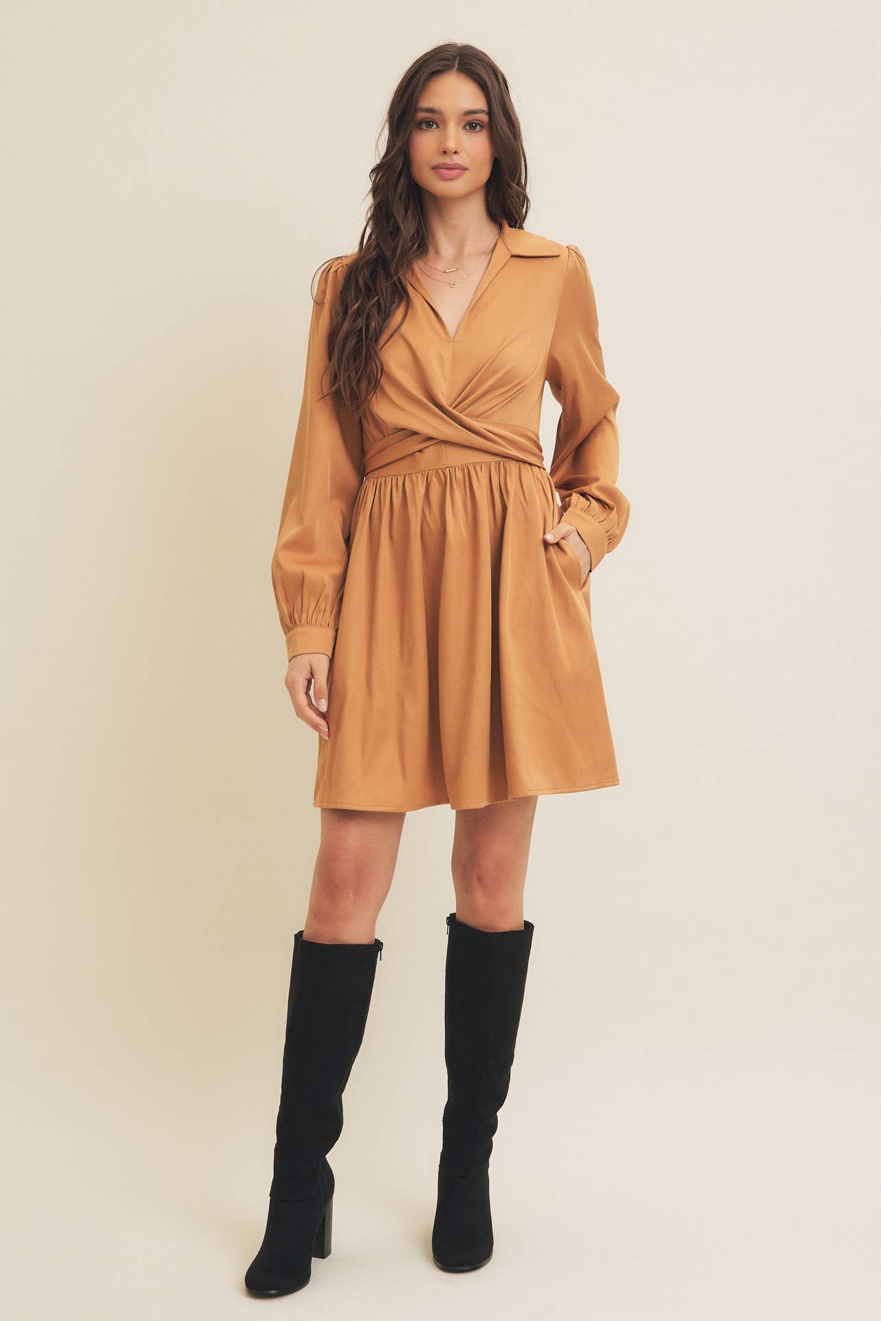 WAIST WRAP TIE TWILL MINI DRESS WITH POCKETS