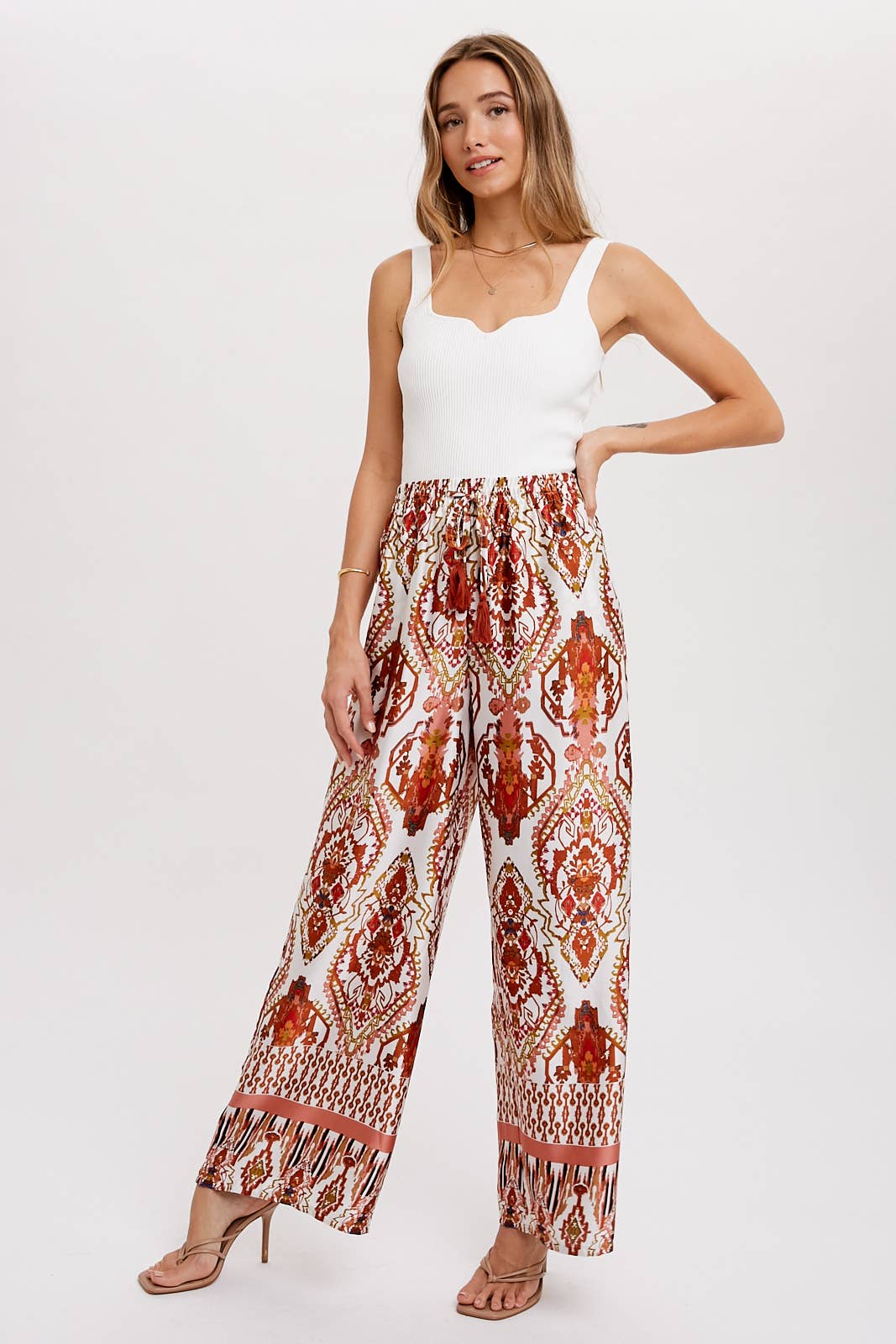 BORDER PRINT WIDE LEG PANTS