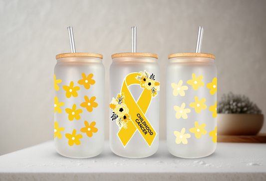 Childhood Cancer Floral | 20oz Glass Libbey with Lid & Straw