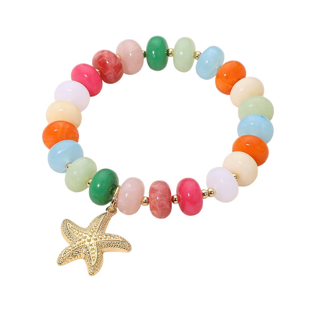 Textured Metal Starfish Charm Accent Resin Pebble Beaded Stretch Bracelet