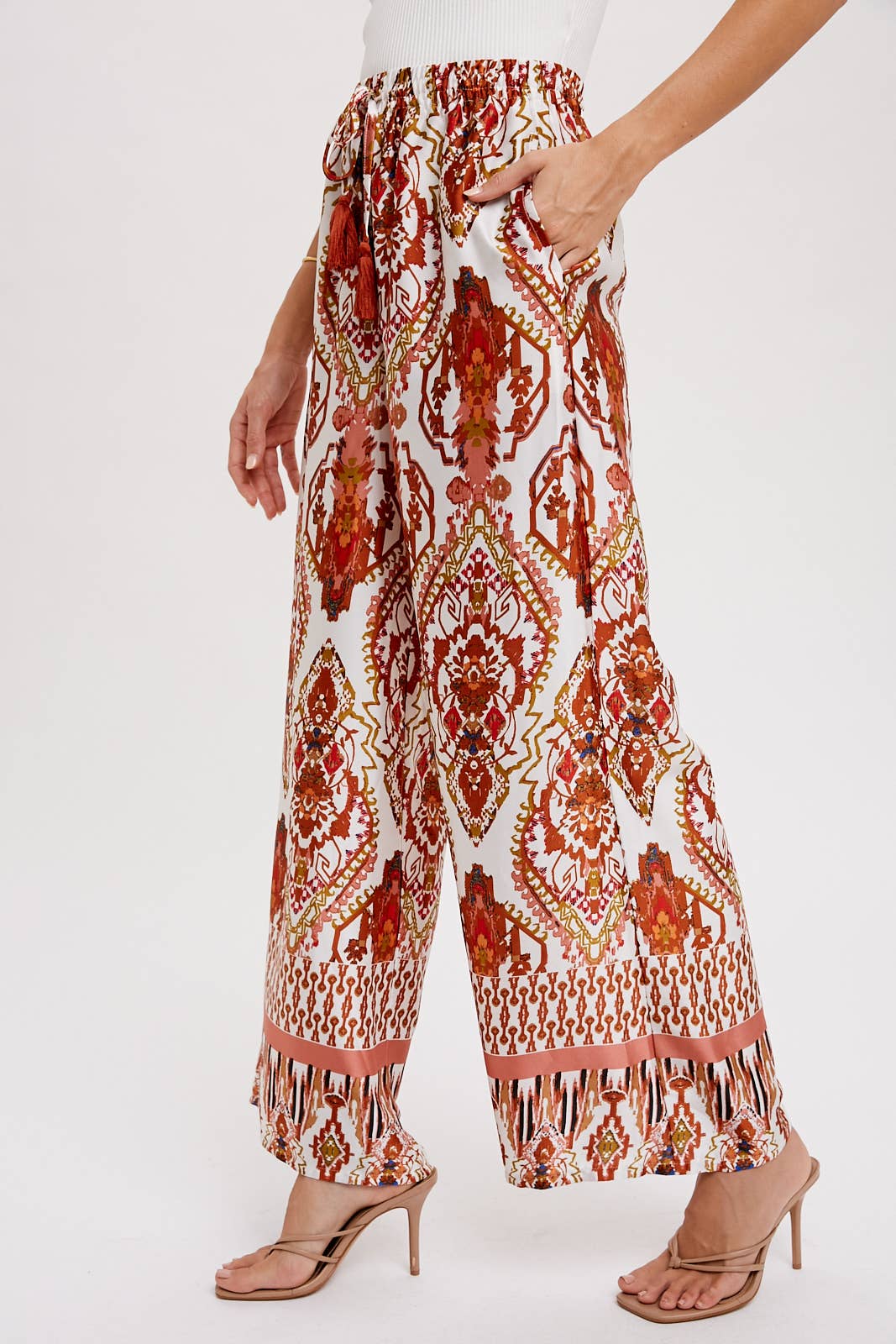 BORDER PRINT WIDE LEG PANTS