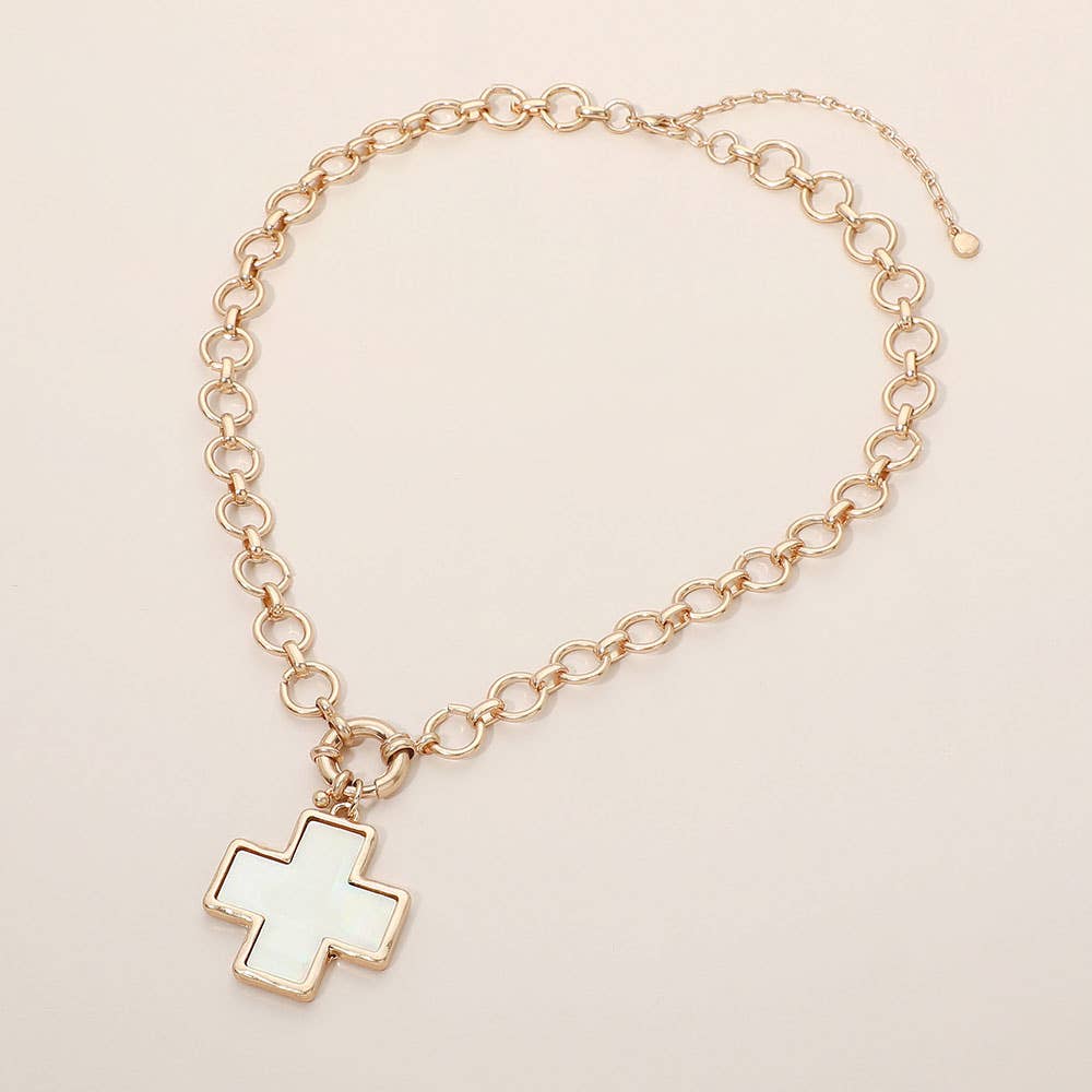 Mother of Pearl Cross Pendant Chunky Chain Necklace