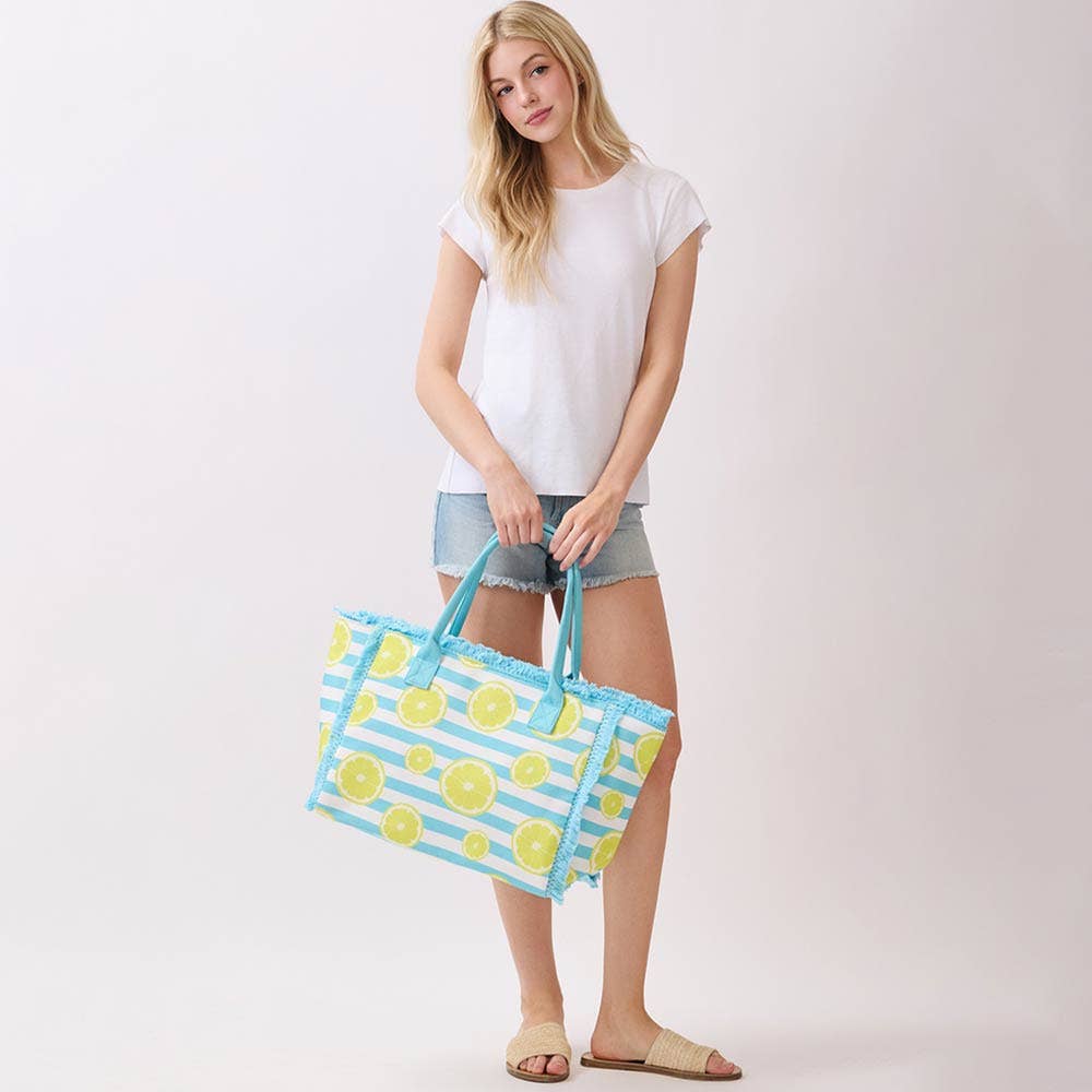 Lemon Pattern Stripe Fringe Trim Shoulder Tote Bag