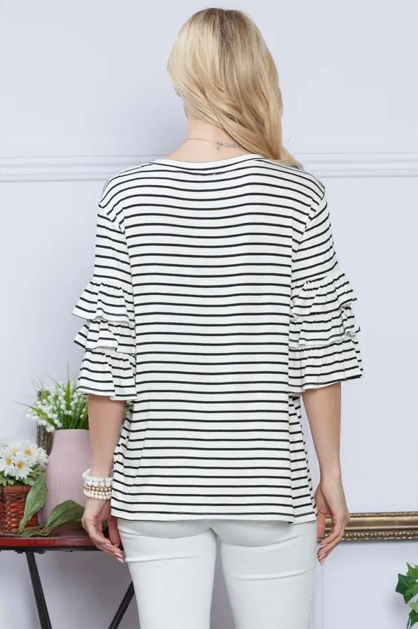 RUFFLE HALF SLEEVE STRIPE TOP