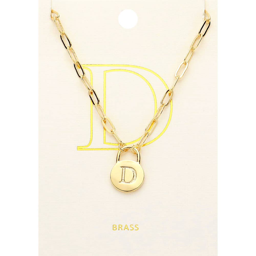 Brass Metal Initial Monogram Lock Pendant Necklace