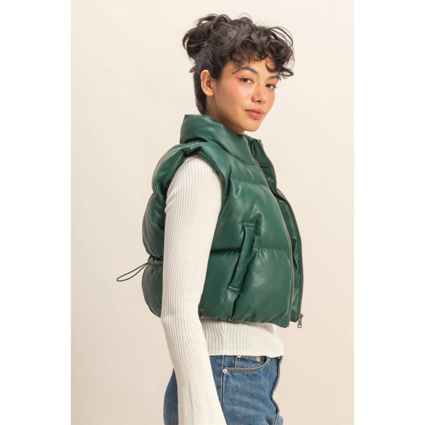 Faux Leather Cropped Puffer Vest