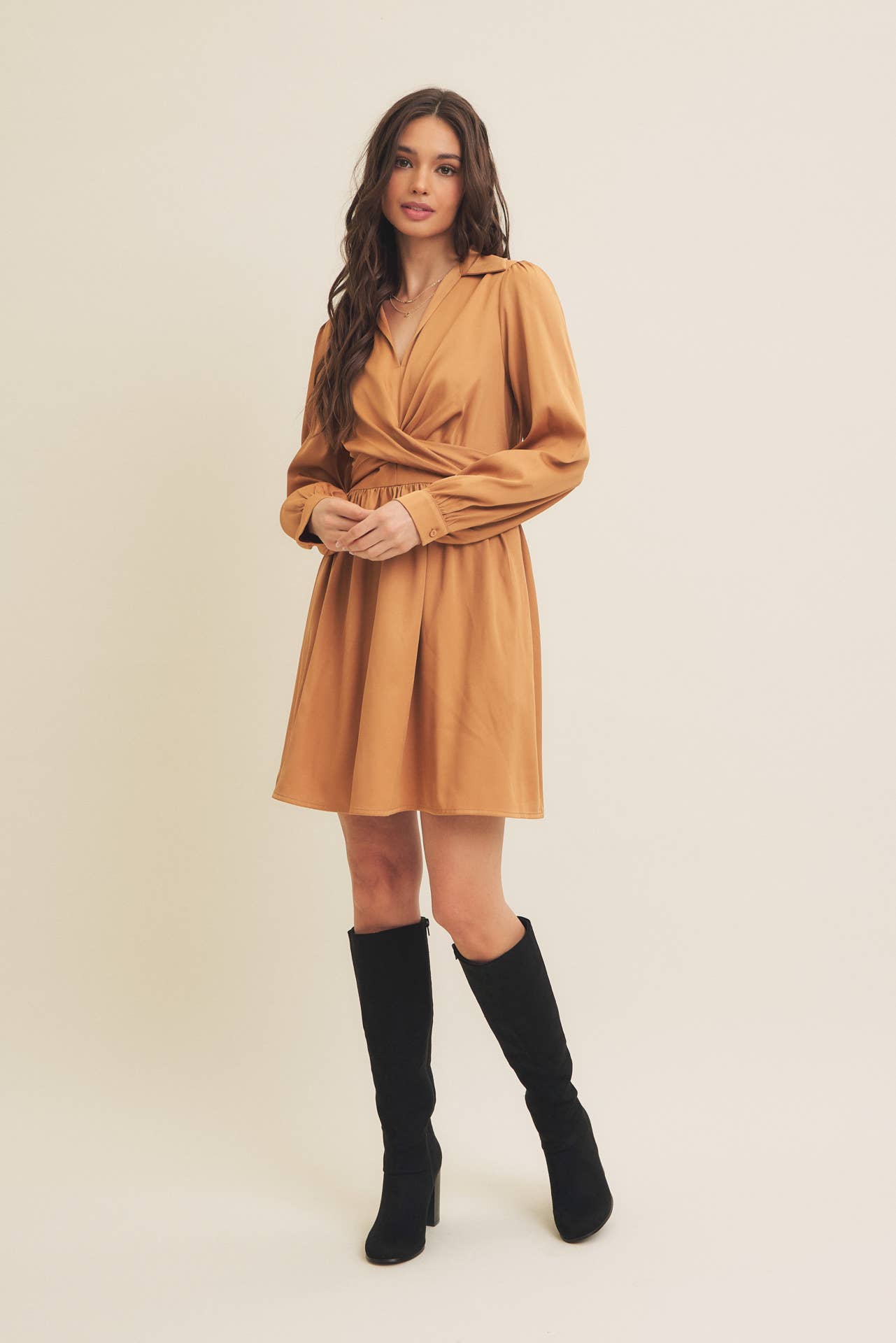 WAIST WRAP TIE TWILL MINI DRESS WITH POCKETS