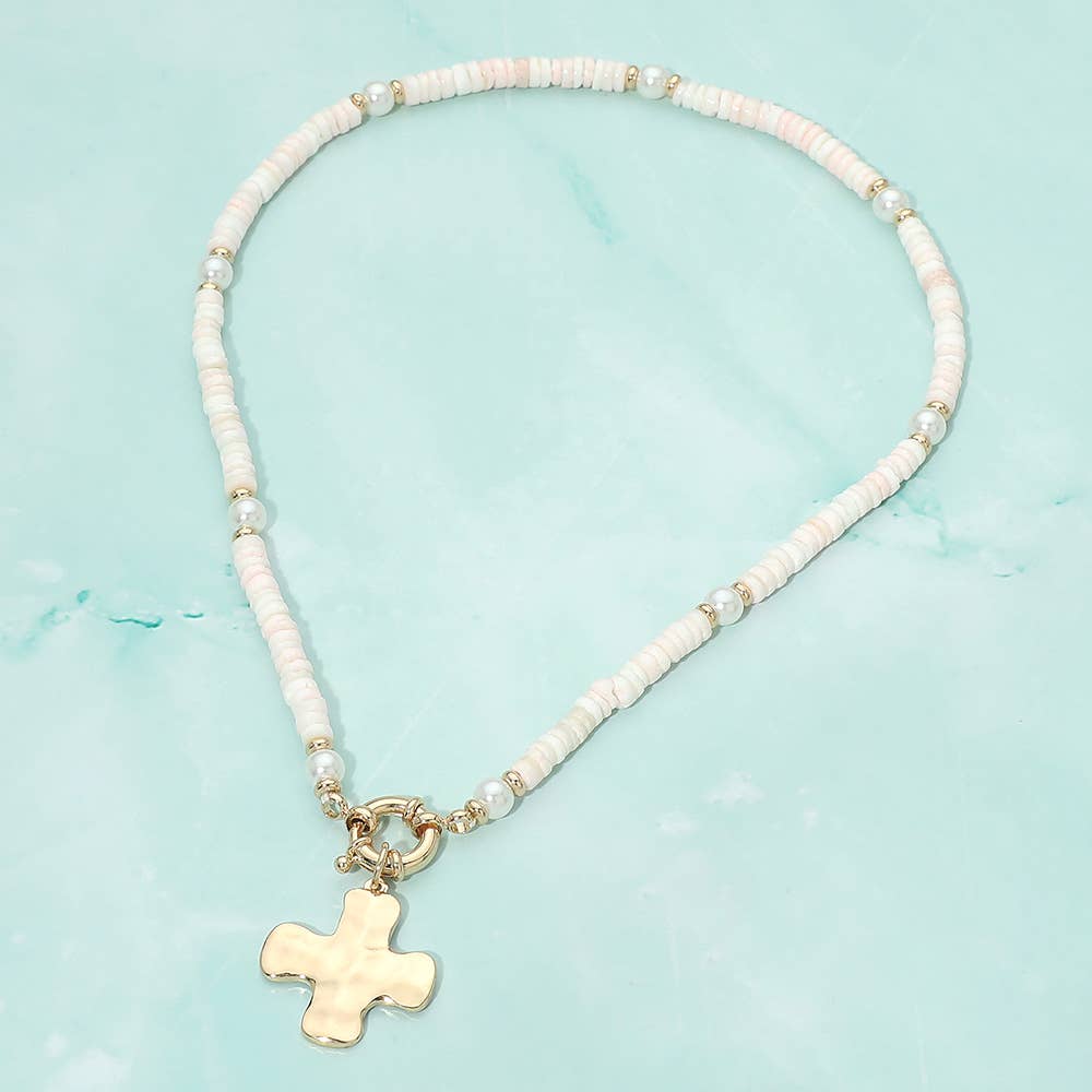 Hammered Metal Cross Charm Pendant Accent Pearl Flat Beaded Necklace