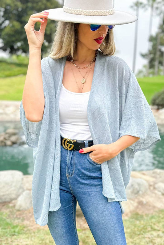 Grey Textured Sheer Jersey Knit Loose-Fit High Low Kimono