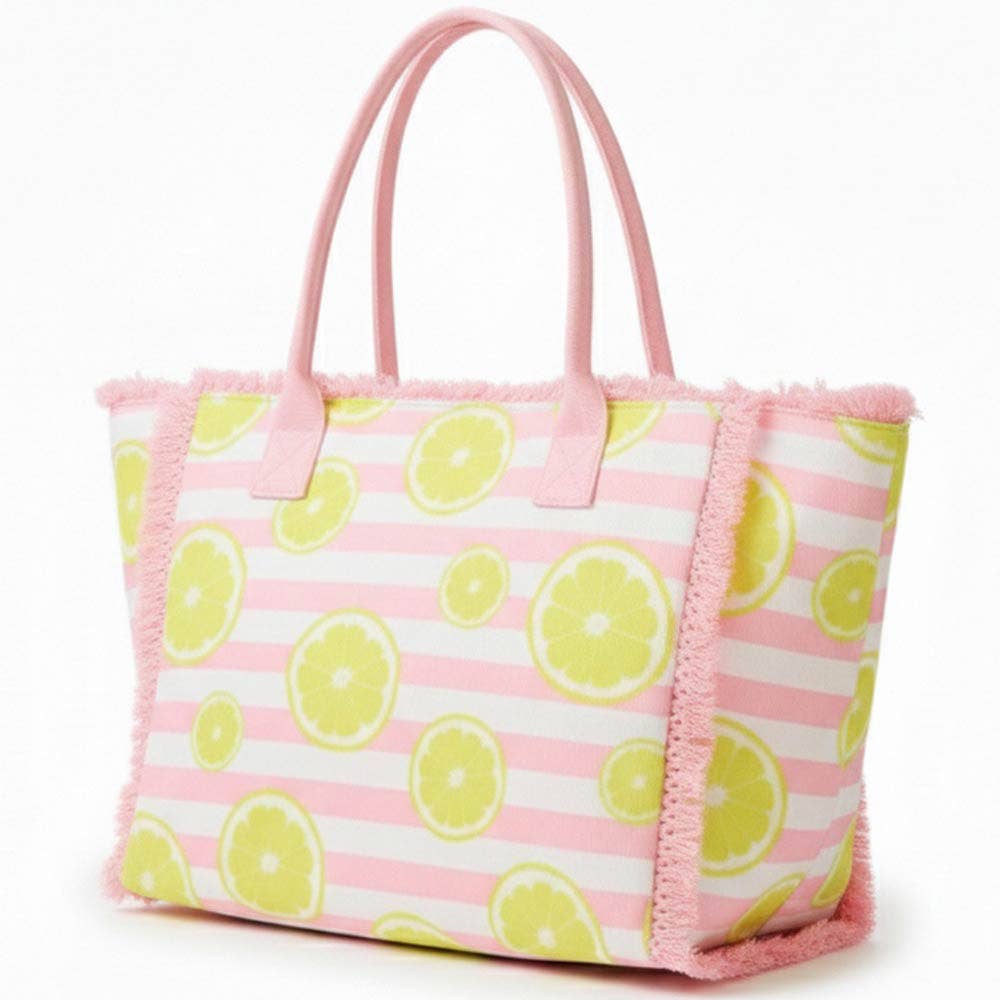 Lemon Pattern Stripe Fringe Trim Shoulder Tote Bag