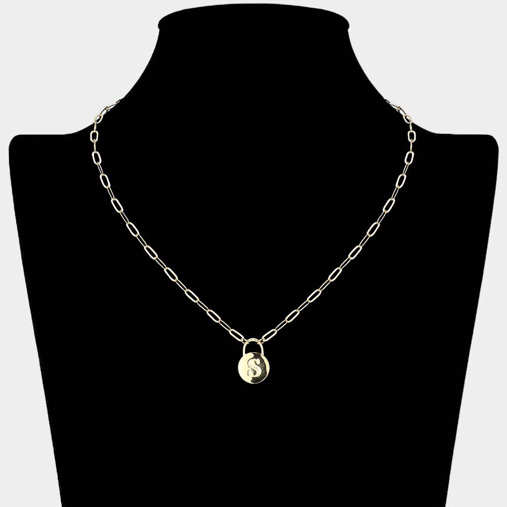 Brass Metal Initial Monogram Lock Pendant Necklace