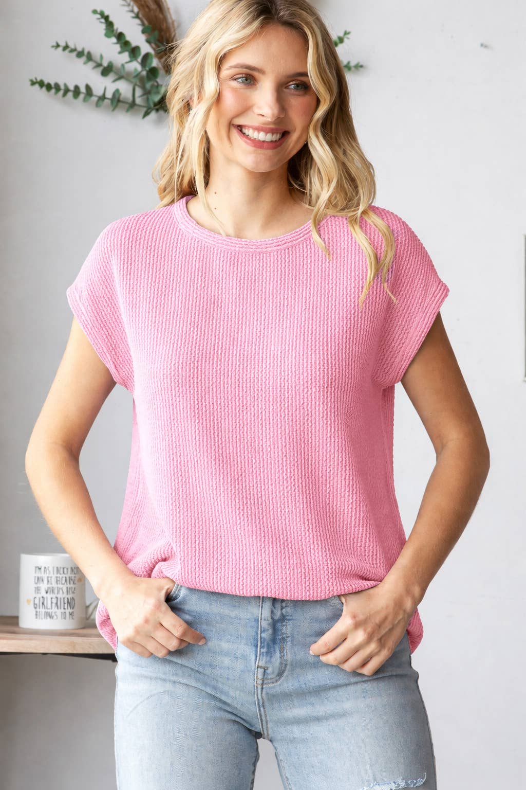Women's Ribbed Knit Top with Round Neck T5598